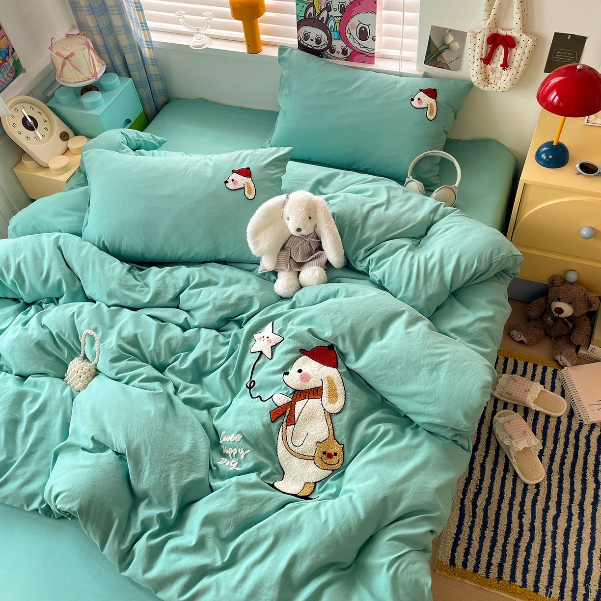 91家纺网 家纺一手货源 找家纺 凯洛奇 2025新款软糯1水洗棉毛巾绣卡通四件套（提供买家秀） 星星与狗