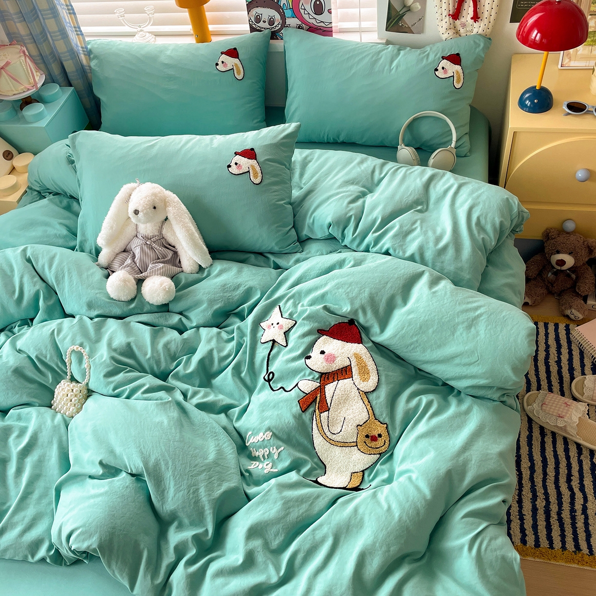 91家纺网 家纺一手货源 找家纺 凯洛奇 2025新款软糯1水洗棉毛巾绣卡通四件套（提供买家秀） 星星与狗