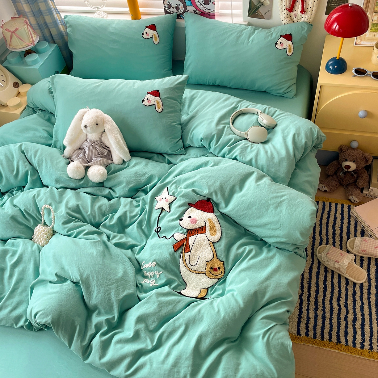 91家纺网 家纺一手货源 找家纺 凯洛奇 2025新款软糯1水洗棉毛巾绣卡通四件套（提供买家秀） 星星与狗