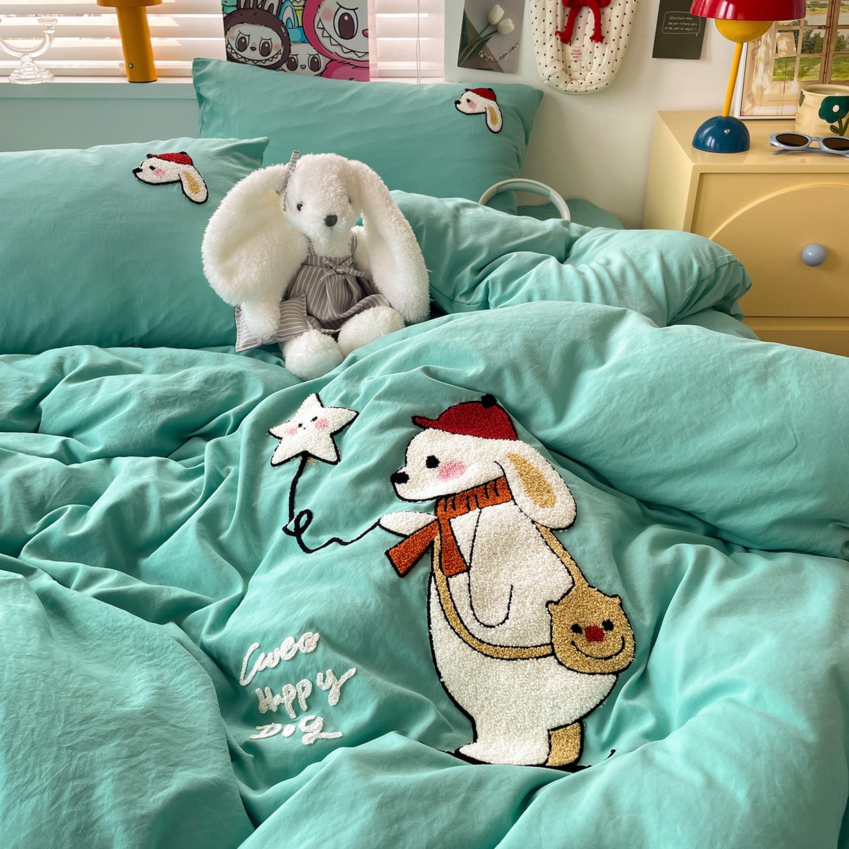 91家纺网 家纺一手货源 找家纺 凯洛奇 2025新款软糯1水洗棉毛巾绣卡通四件套（提供买家秀） 星星与狗