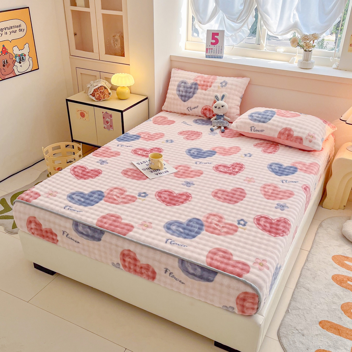 91家纺网 家纺一手货源 找家纺 慕梵家居 2025新款泡泡绒枕套泡泡兔绒床罩枕套外贸可以定做尺寸单品枕套枕套单件 爱心物语