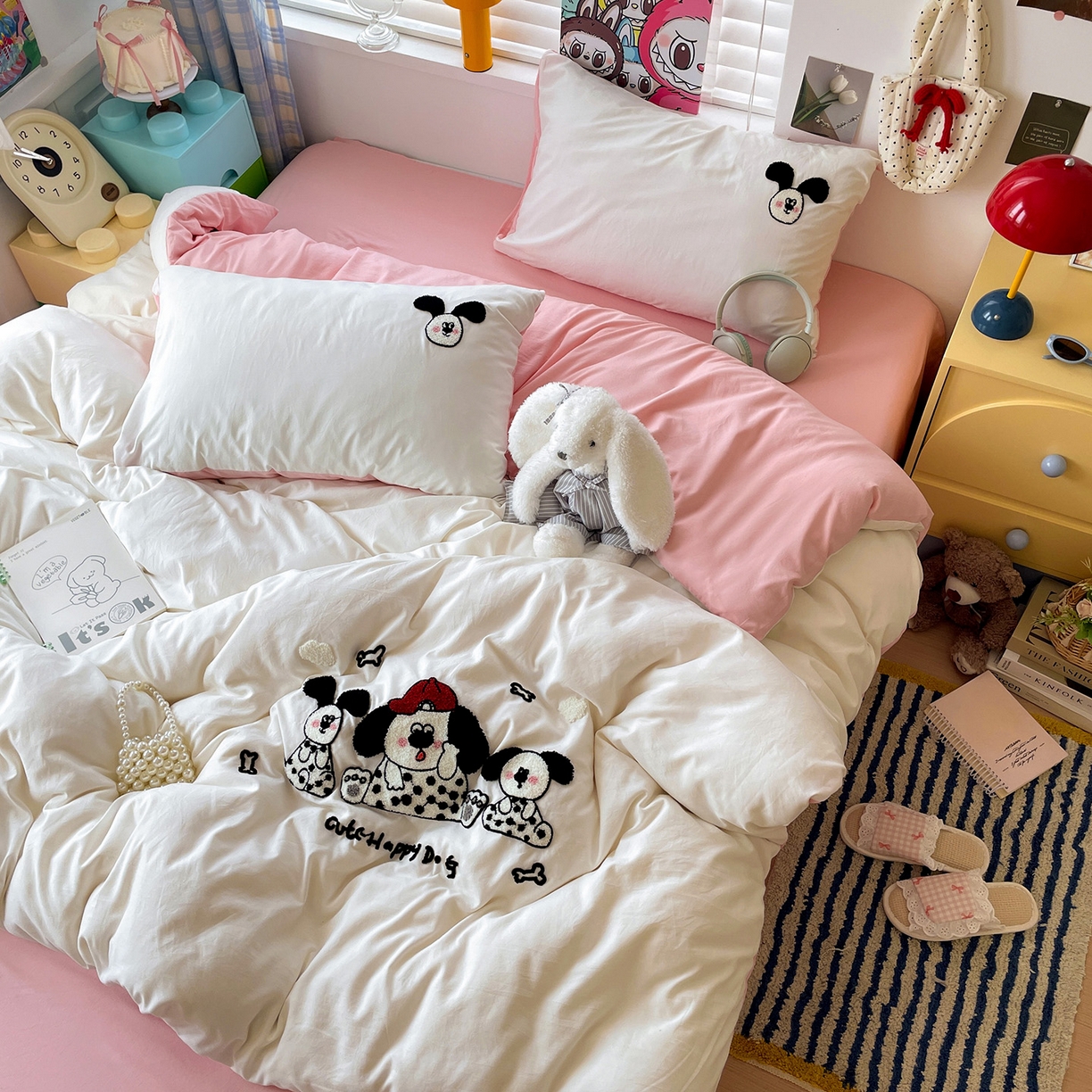 91家纺网 家纺一手货源 找家纺 凯洛奇 2025新款软糯1水洗棉毛巾绣卡通四件套（提供买家秀） 斑点狗