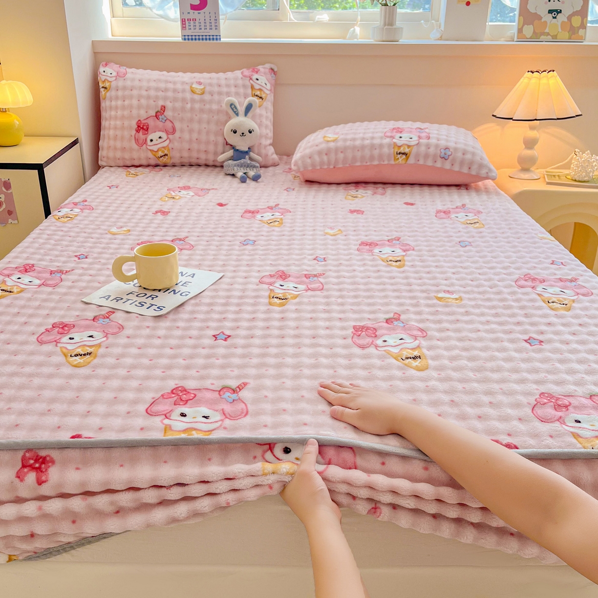 91家纺网 家纺一手货源 找家纺 慕梵家居 2025新款泡泡绒枕套泡泡兔绒床罩枕套外贸可以定做尺寸单品枕套枕套单件 甜筒女孩