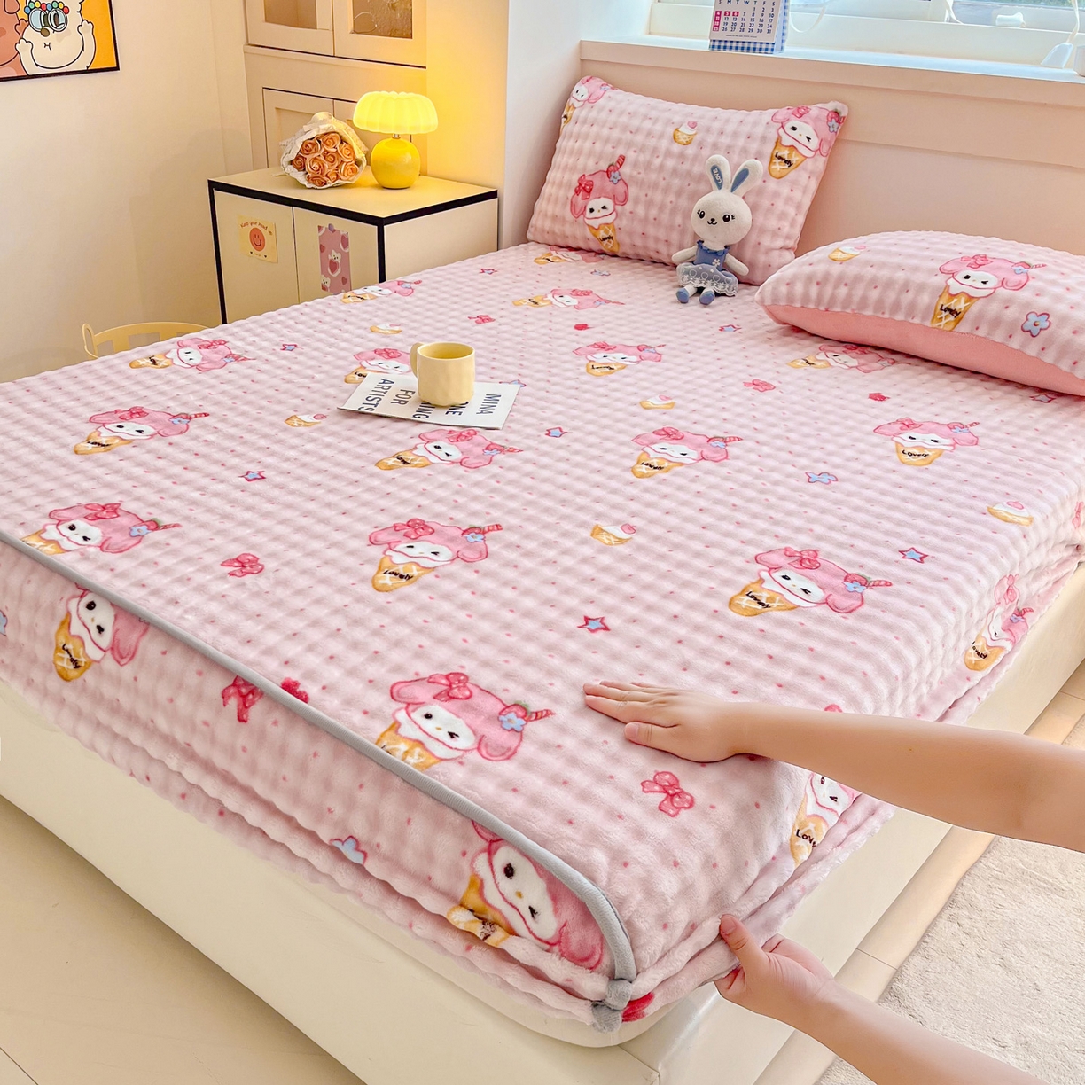 91家纺网 家纺一手货源 找家纺 慕梵家居 2025新款泡泡绒枕套泡泡兔绒床罩枕套外贸可以定做尺寸单品枕套枕套单件 甜筒女孩