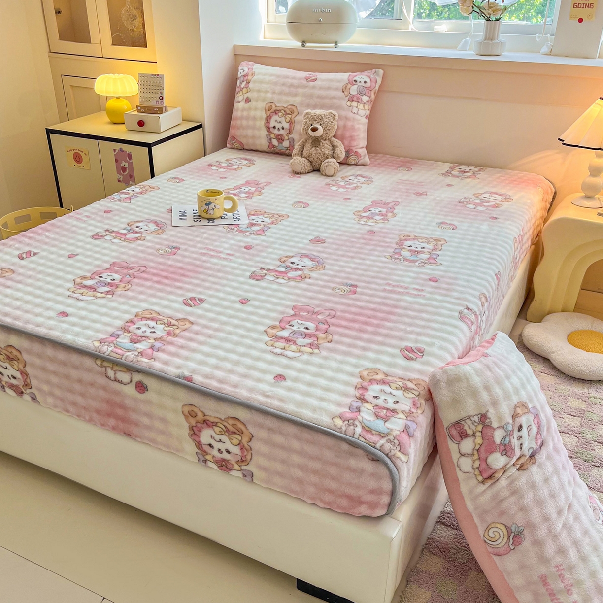 91家纺网 家纺一手货源 找家纺 慕梵家居 2025新款泡泡绒枕套泡泡兔绒床罩枕套外贸可以定做尺寸单品枕套枕套单件 开心喵喵