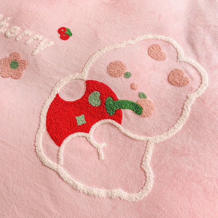 91家纺网 家纺一手货源 找家纺 眷恋家纺 2025新款韩版毛巾绣小蕾丝荷叶边牛奶绒四件套迷你兔+樱桃兔系列 樱桃兔-浅粉