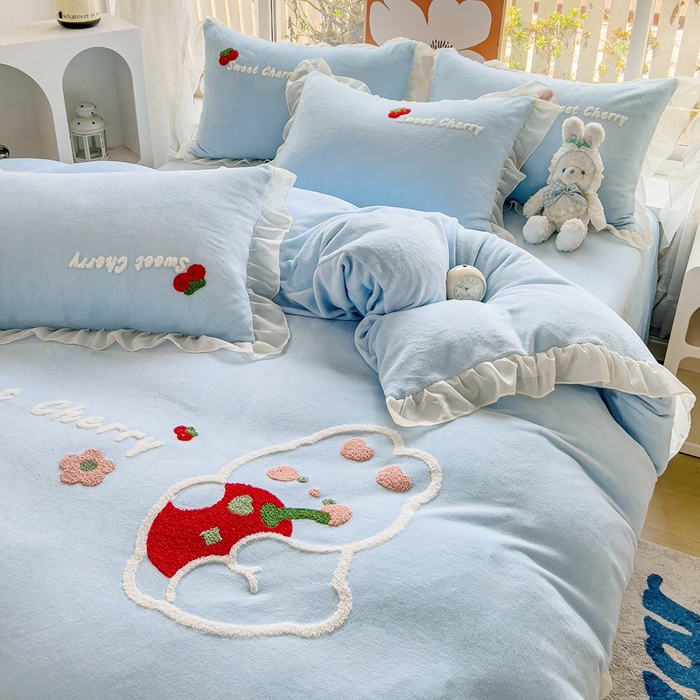 眷恋家纺 2025新款韩版毛巾绣小蕾丝荷叶边牛奶绒四件套迷你兔+樱桃兔系列 樱桃兔-浅蓝