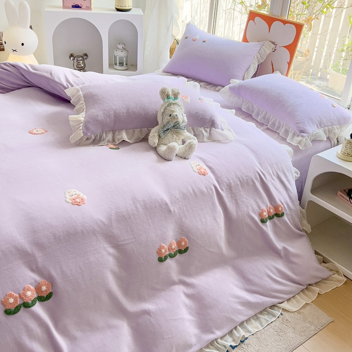 91家纺网 家纺一手货源 找家纺 眷恋家纺 2025新款韩版毛巾绣小蕾丝荷叶边牛奶绒四件套迷你兔+樱桃兔系列 迷你兔-浅紫