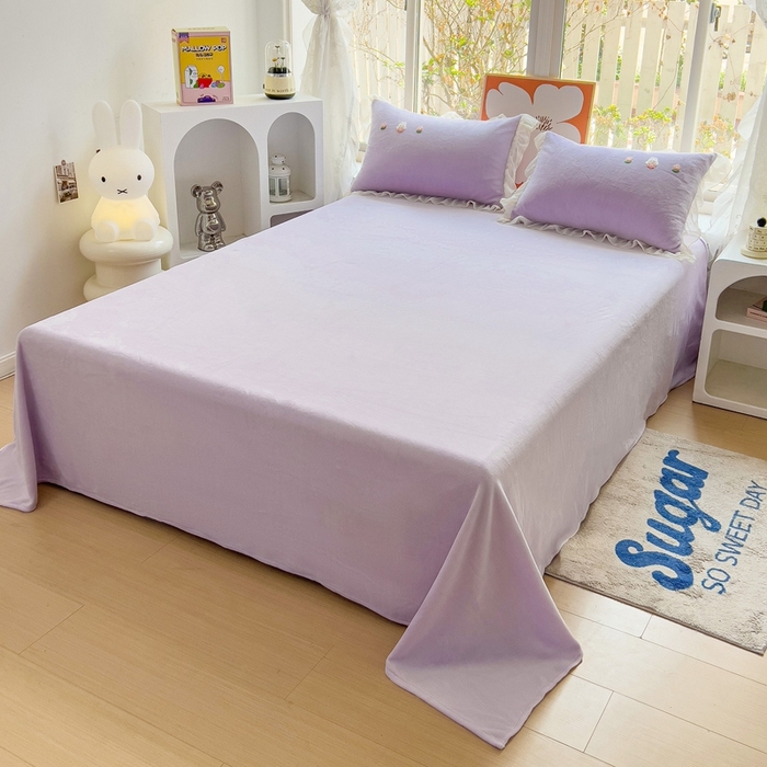 91家纺网 家纺一手货源 找家纺 眷恋家纺 2025新款韩版毛巾绣小蕾丝荷叶边牛奶绒四件套迷你兔+樱桃兔系列 迷你兔-浅紫