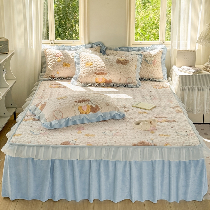 禧缘家纺（原梦想家） 2025新款夹棉双层花边牛奶绒床笠三件套系列 猫咪心事