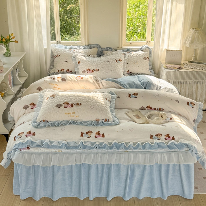 91家纺网 家纺一手货源 找家纺 （总）禧缘家纺（原梦想家） 2025新款夹棉双层花边床笠牛奶绒系列四件套