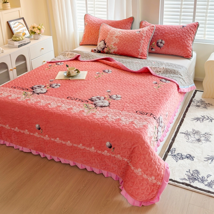 梦莱家纺 2025新款牛奶绒花边单床盖三件套 绵绵细语