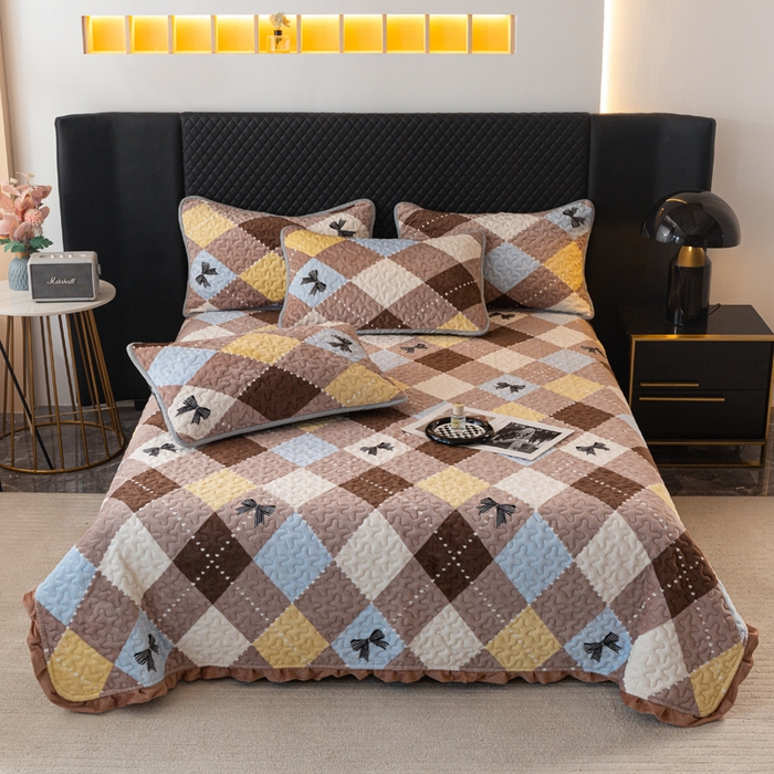 91家纺网 家纺一手货源 找家纺 梦莱家纺 2025新款牛奶绒花边单床盖三件套 优雅蝴蝶结