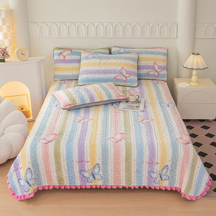 梦莱家纺 2025新款牛奶绒花边单床盖三件套 蝶舞