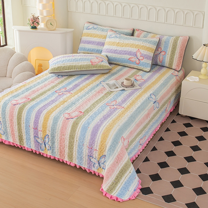 91家纺网 家纺一手货源 找家纺 梦莱家纺 2025新款牛奶绒花边单床盖三件套 蝶舞