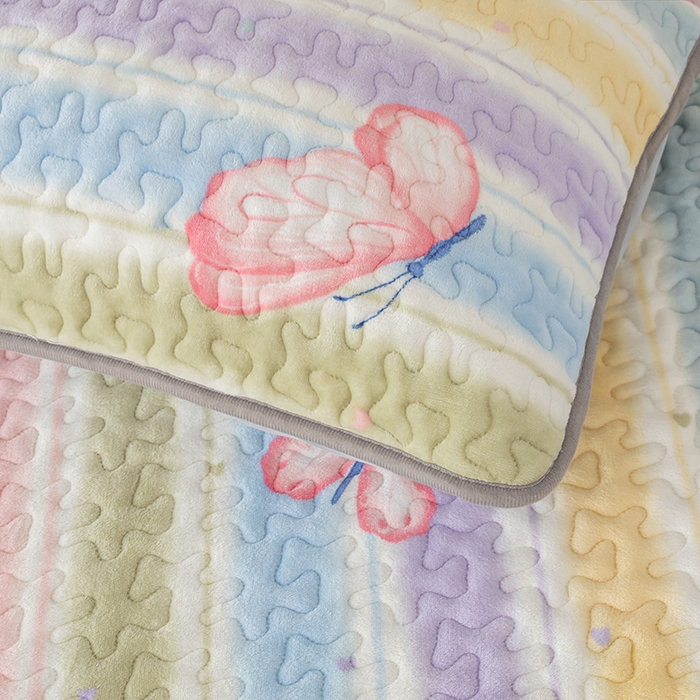 91家纺网 家纺一手货源 找家纺 梦莱家纺 2025新款牛奶绒花边单床盖三件套 蝶舞