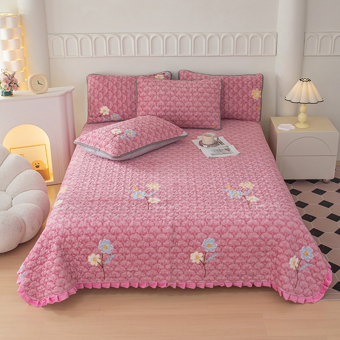 梦莱家纺 2025新款牛奶绒花边单床盖三件套 浪漫花语-粉