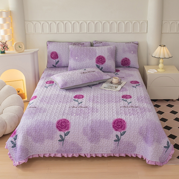 梦莱家纺 2025新款牛奶绒花边单床盖三件套 蔷薇花开