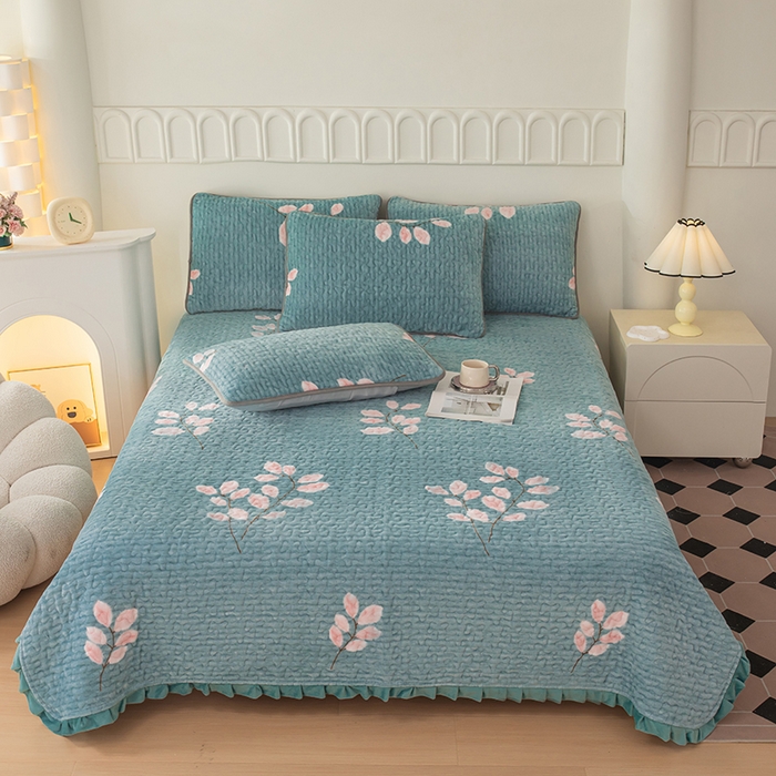 梦莱家纺 2025新款牛奶绒花边单床盖三件套 摇曳-蓝