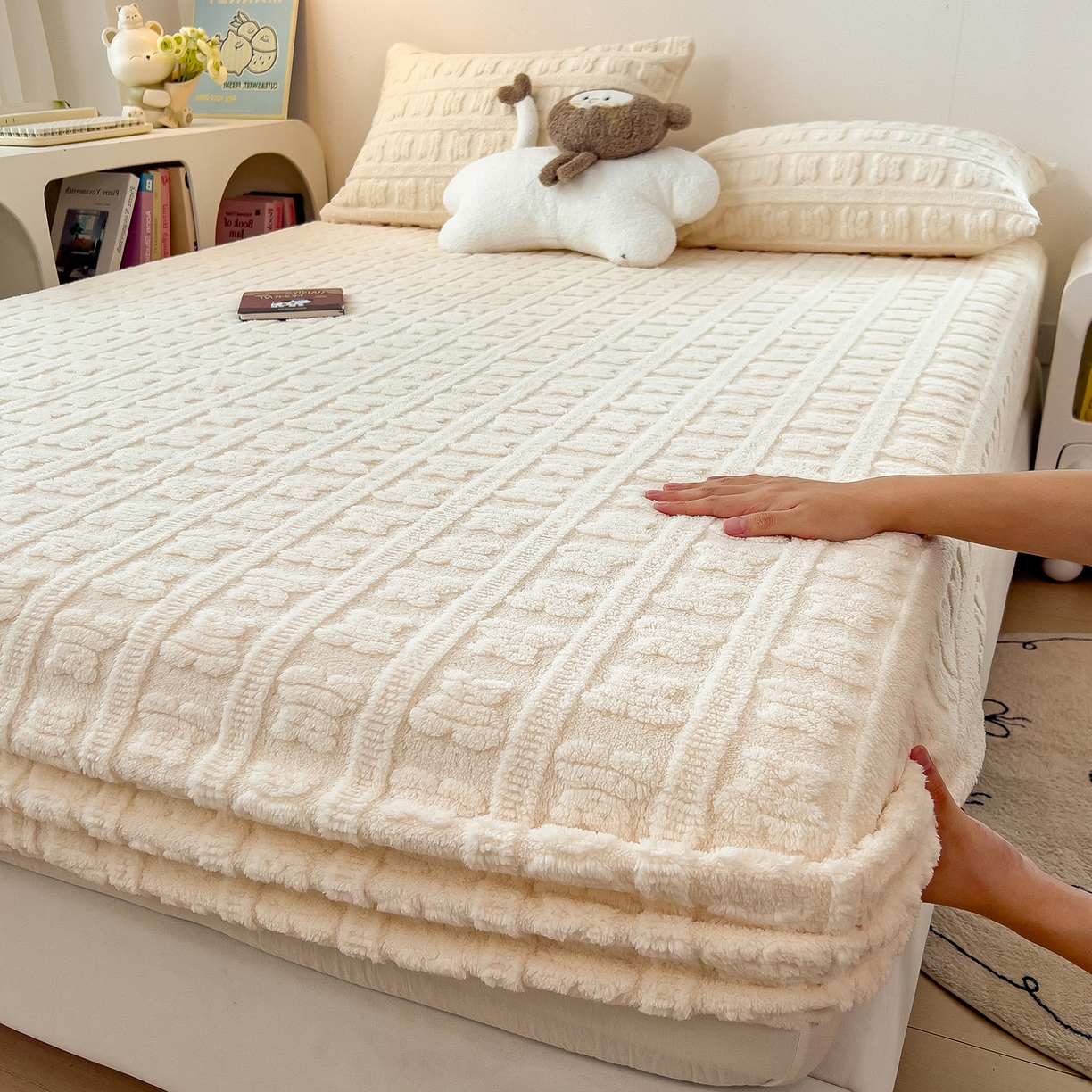 91家纺网 家纺一手货源 找家纺 世纪绒品 2025新款A类牛奶绒提花床笠-多宝熊 多宝熊-月牙白