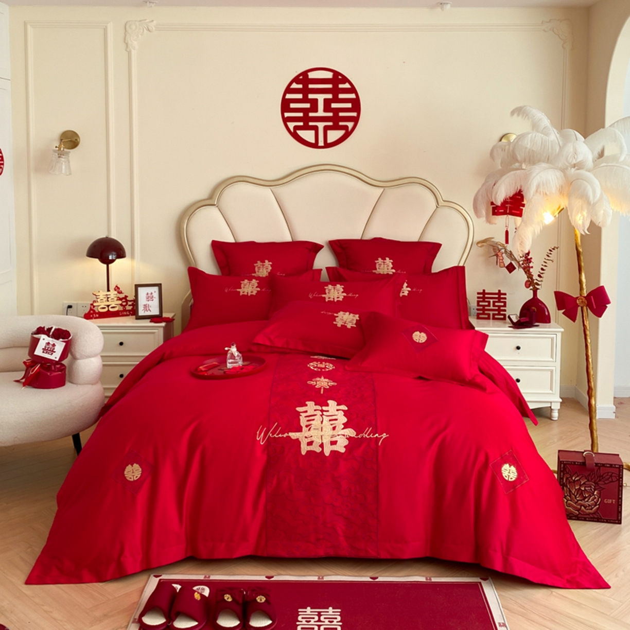 91家纺网 家纺一手货源 找家纺 （总）博纳家纺 2025新款亲肤棉婚庆绣花款四件套