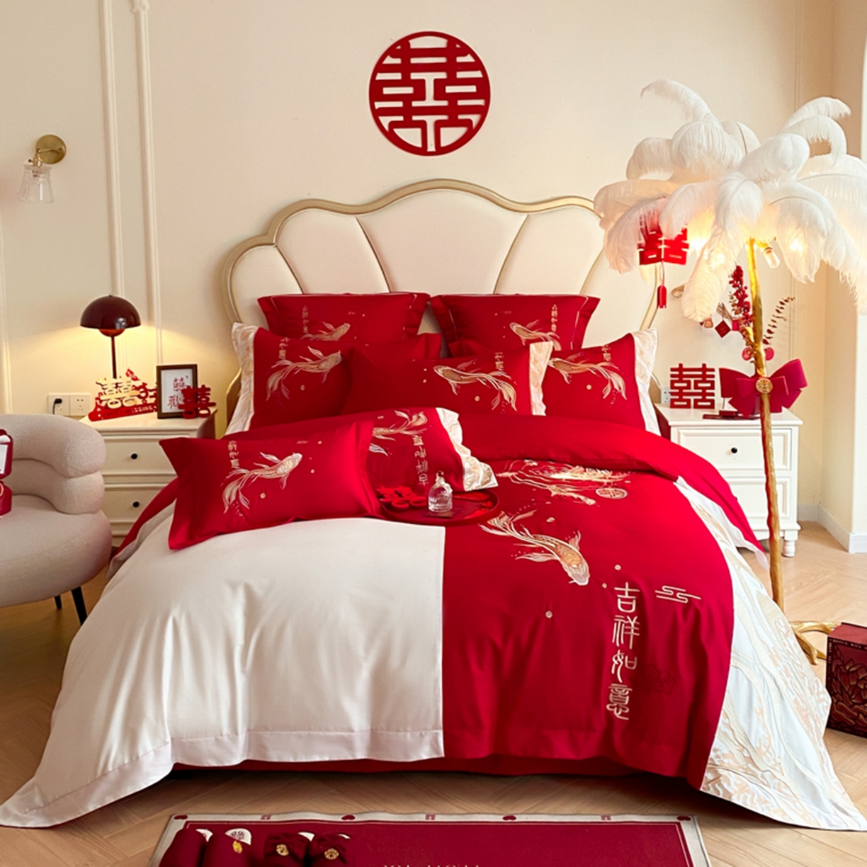 91家纺网 家纺一手货源 找家纺 （总）博纳家纺 2025新款亲肤棉婚庆绣花款四件套