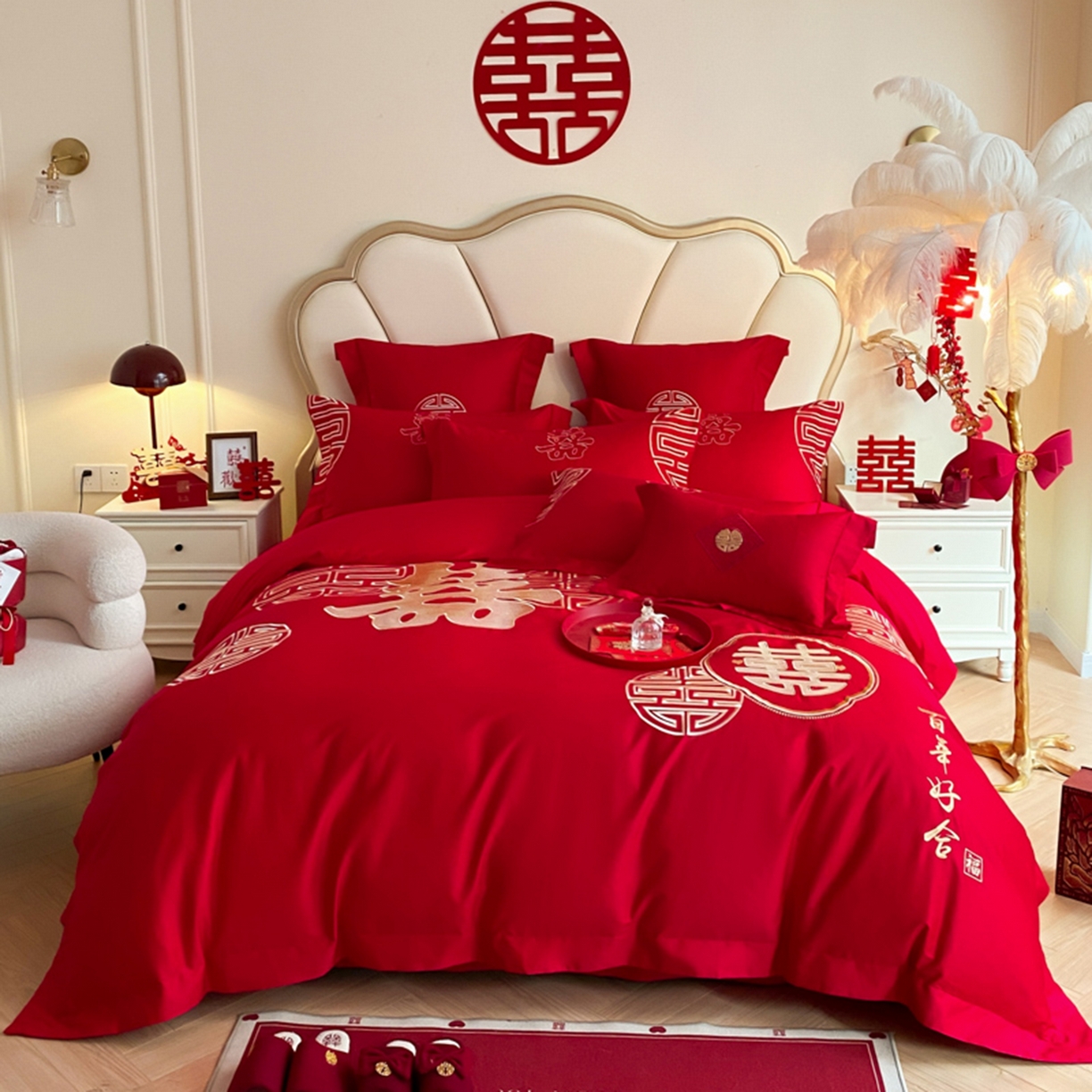 91家纺网 家纺一手货源 找家纺 （总）博纳家纺 2025新款亲肤棉婚庆绣花款四件套