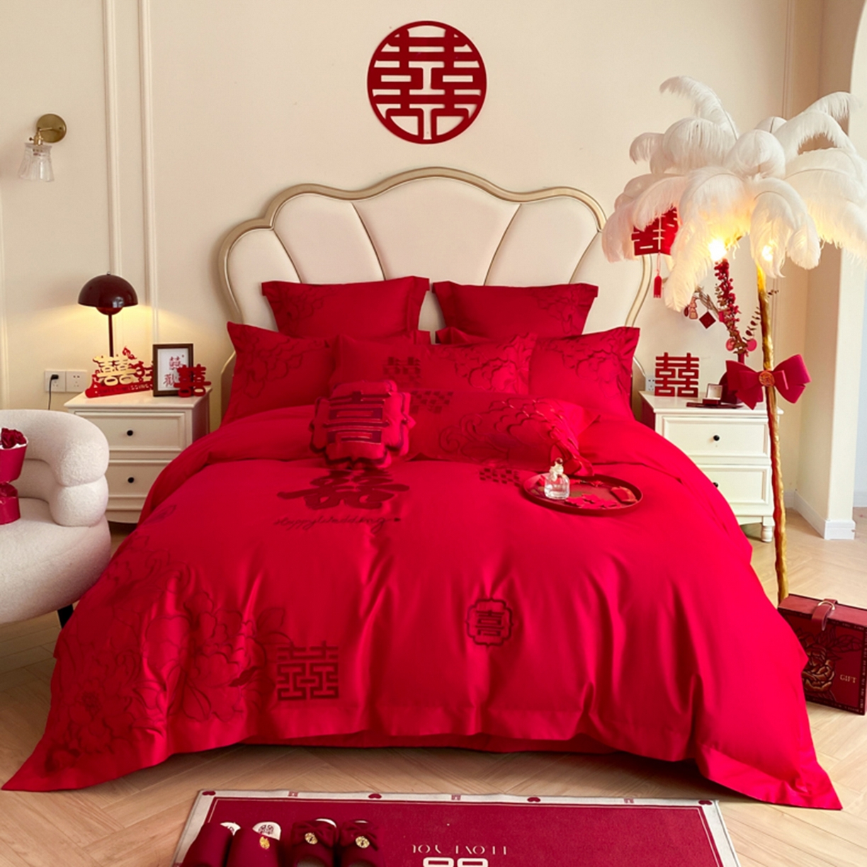 91家纺网 家纺一手货源 找家纺 （总）博纳家纺 2025新款亲肤棉婚庆绣花款四件套