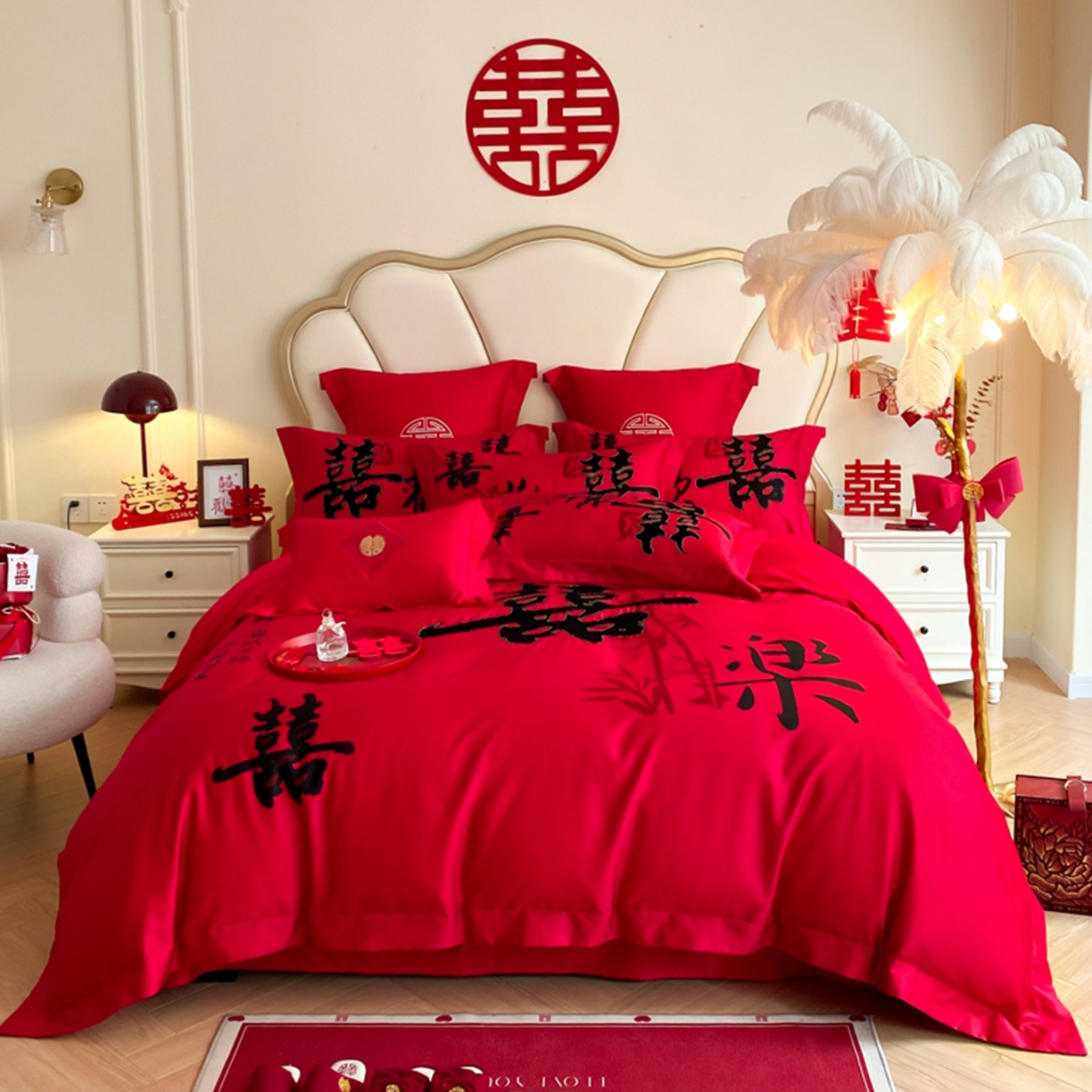 91家纺网 家纺一手货源 找家纺 （总）博纳家纺 2025新款亲肤棉婚庆绣花款四件套