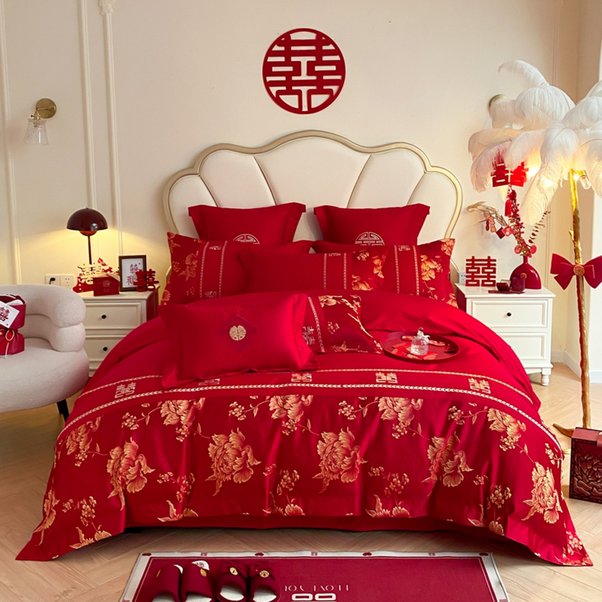 91家纺网 家纺一手货源 找家纺 （总）博纳家纺 2025新款亲肤棉婚庆绣花款四件套