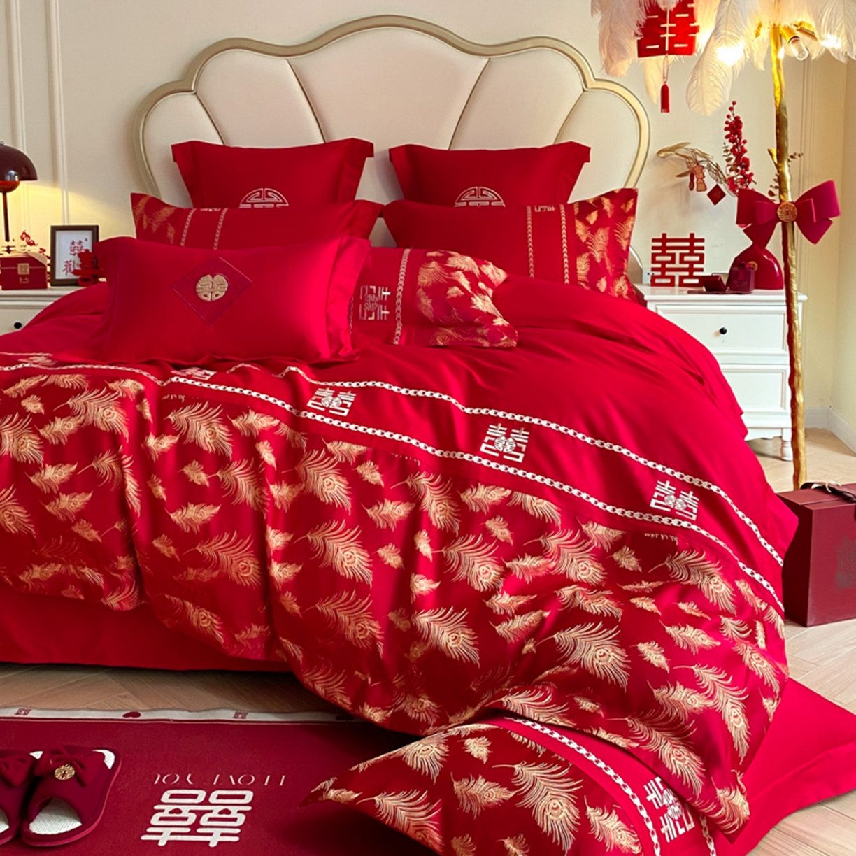 91家纺网 家纺一手货源 找家纺 博纳家纺 2025新款亲肤棉婚庆绣花款四件套 一往情深