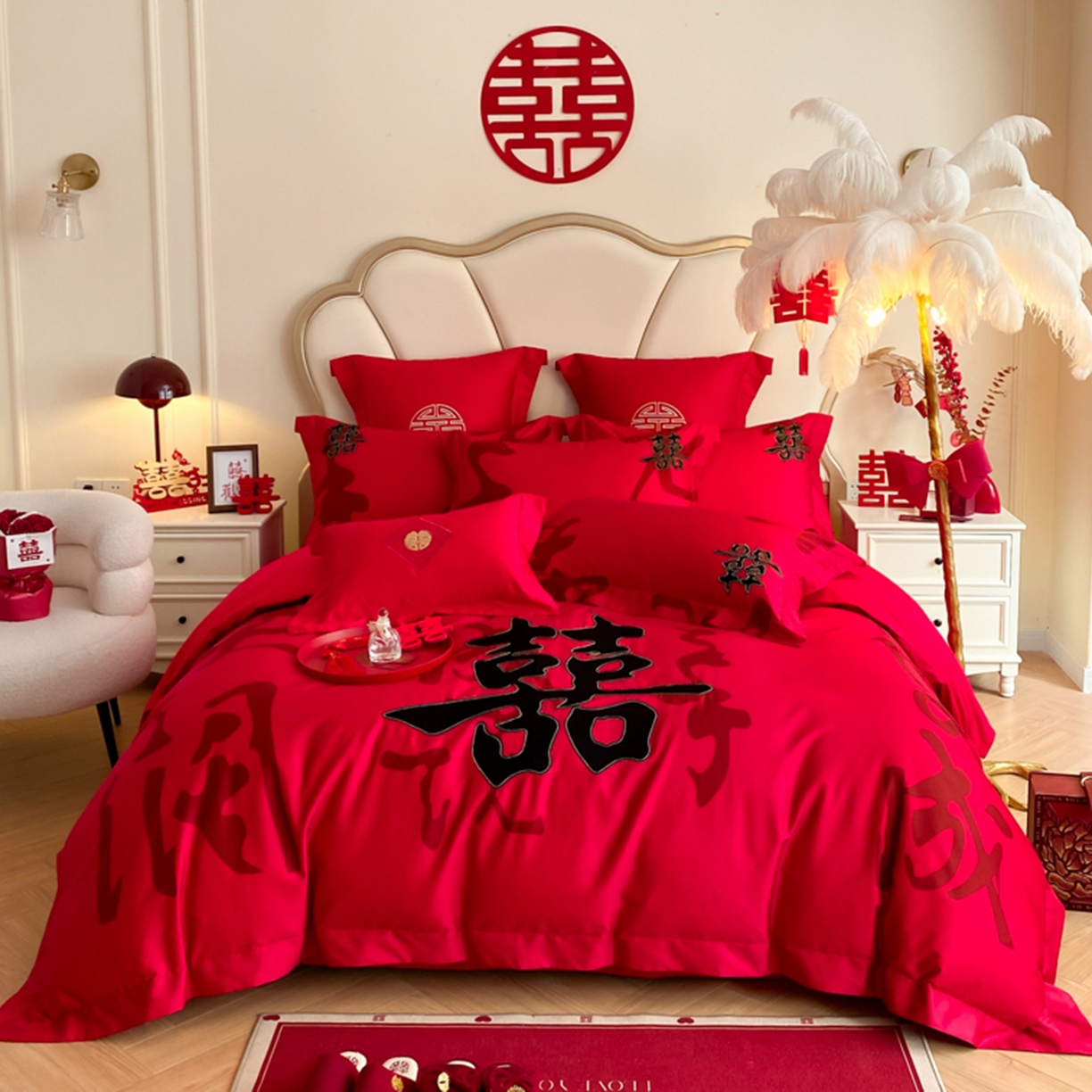 91家纺网 家纺一手货源 找家纺 （总）博纳家纺 2025新款亲肤棉婚庆绣花款四件套