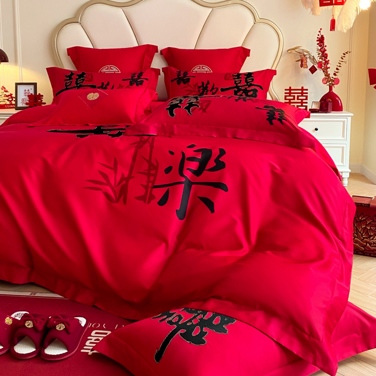 91家纺网 家纺一手货源 找家纺 （总）博纳家纺 2025新款亲肤棉婚庆绣花款四件套