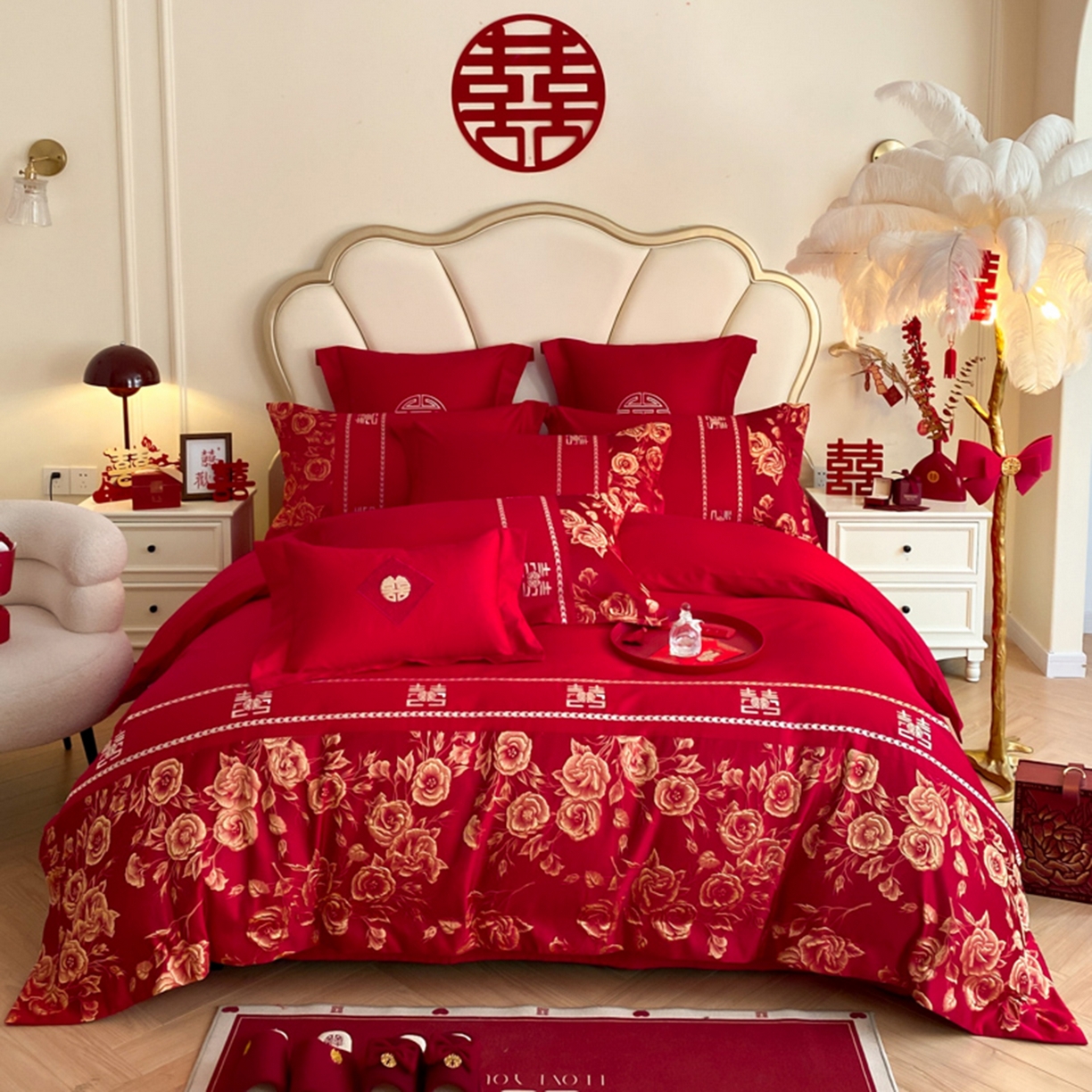 91家纺网 家纺一手货源 找家纺 （总）博纳家纺 2025新款亲肤棉婚庆绣花款四件套