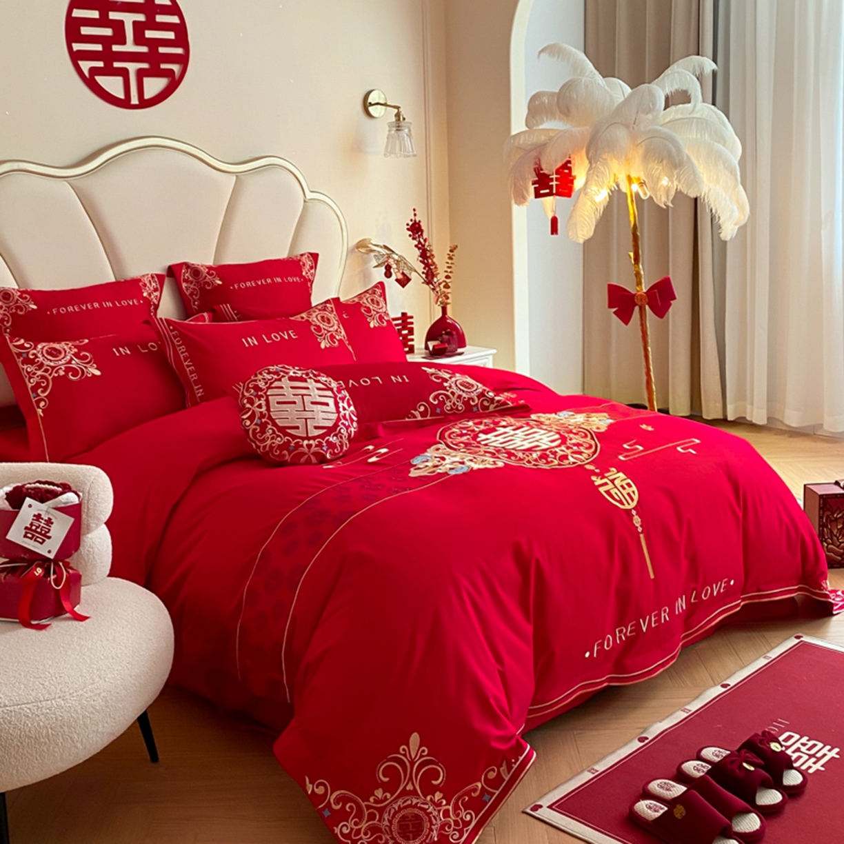 91家纺网 家纺一手货源 找家纺 博纳家纺 2025新款亲肤棉婚庆绣花款四件套 欢天喜地