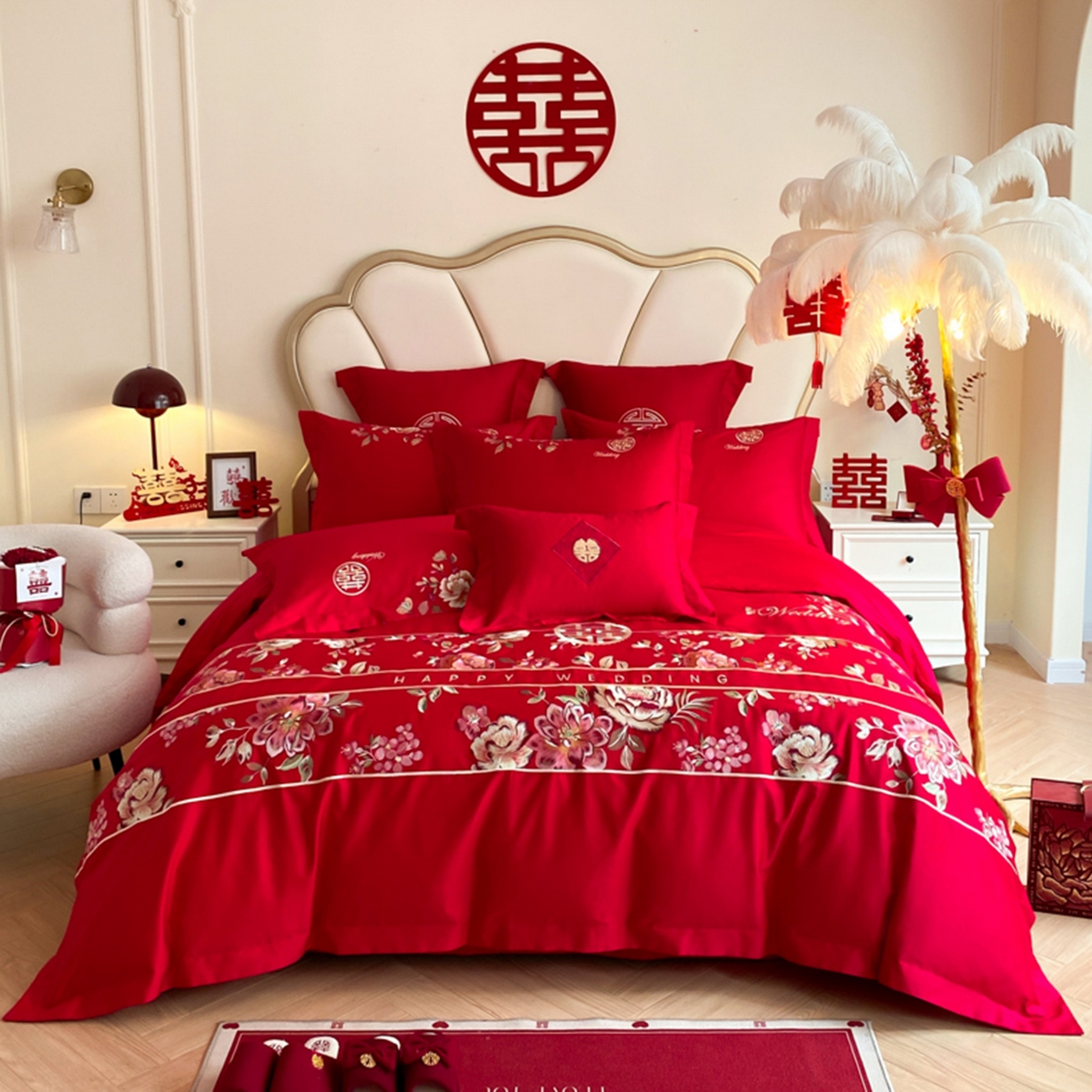 博纳家纺 2025新款亲肤棉婚庆绣花款四件套 喜爱