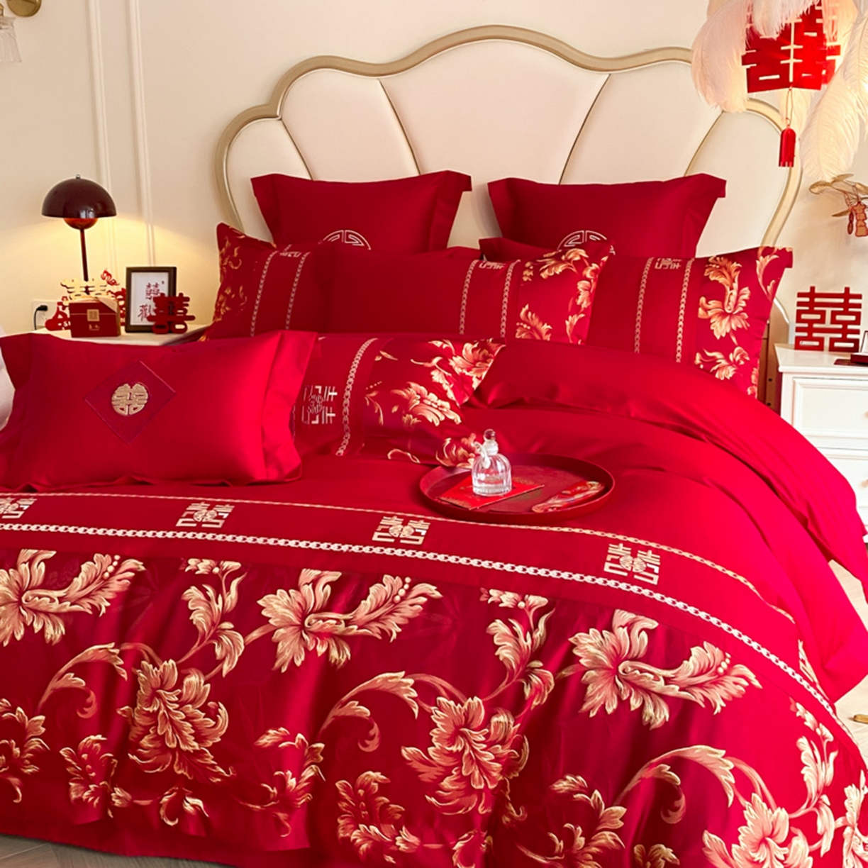 91家纺网 家纺一手货源 找家纺 博纳家纺 2025新款亲肤棉婚庆绣花款四件套 欧式风情