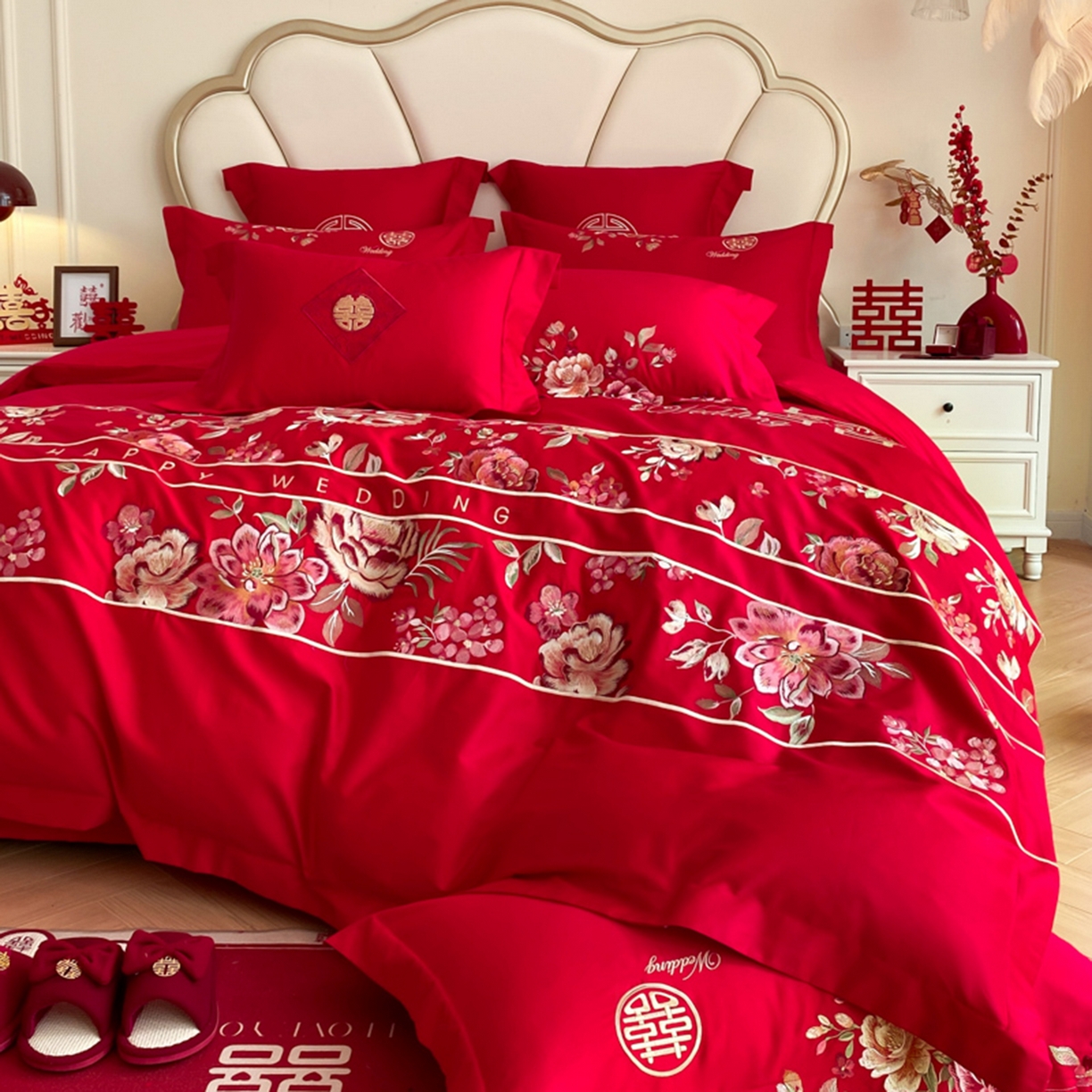 91家纺网 家纺一手货源 找家纺 博纳家纺 2025新款亲肤棉婚庆绣花款四件套 喜爱