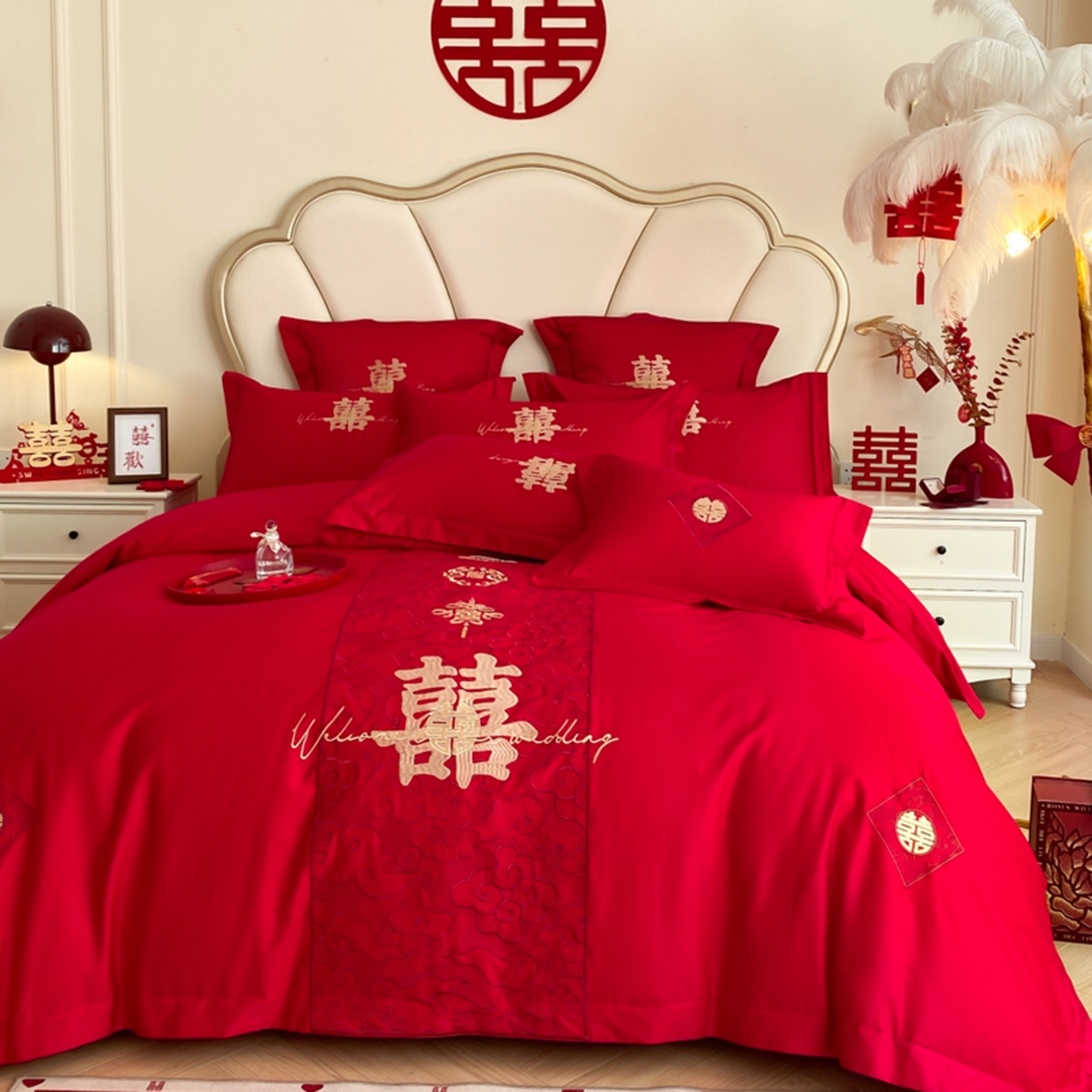 91家纺网 家纺一手货源 找家纺 博纳家纺 2025新款亲肤棉婚庆绣花款四件套 国色天香