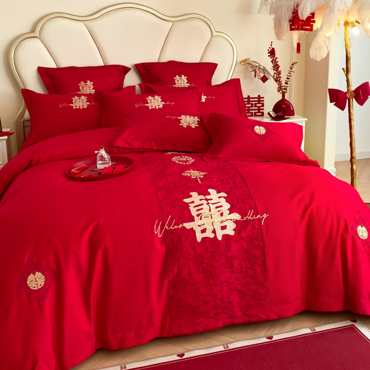 91家纺网 家纺一手货源 找家纺 博纳家纺 2025新款亲肤棉婚庆绣花款四件套 国色天香