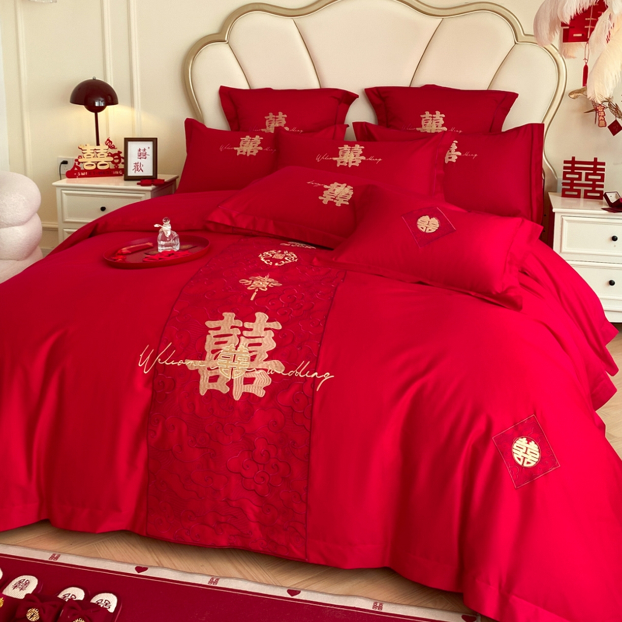 91家纺网 家纺一手货源 找家纺 博纳家纺 2025新款亲肤棉婚庆绣花款四件套 国色天香