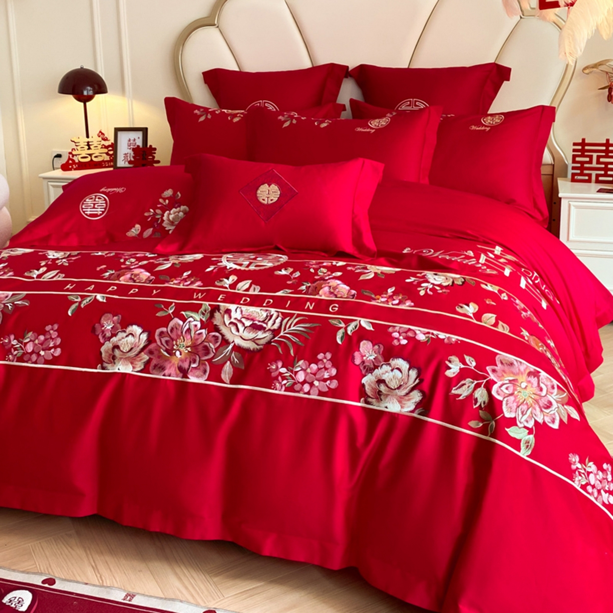 91家纺网 家纺一手货源 找家纺 博纳家纺 2025新款亲肤棉婚庆绣花款四件套 喜爱