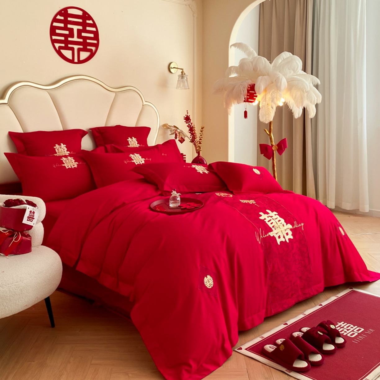 91家纺网 家纺一手货源 找家纺 博纳家纺 2025新款亲肤棉婚庆绣花款四件套 国色天香