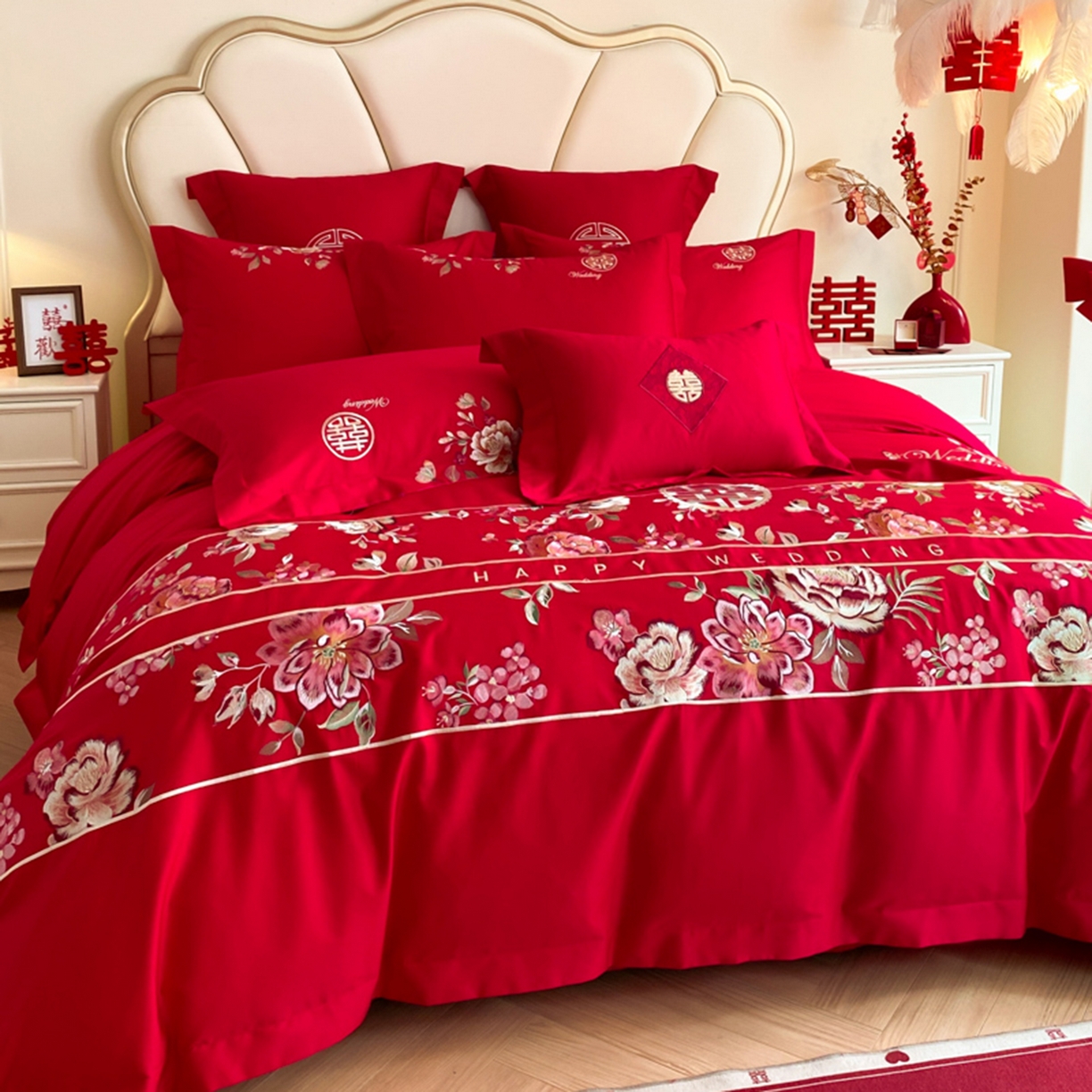 91家纺网 家纺一手货源 找家纺 博纳家纺 2025新款亲肤棉婚庆绣花款四件套 喜爱