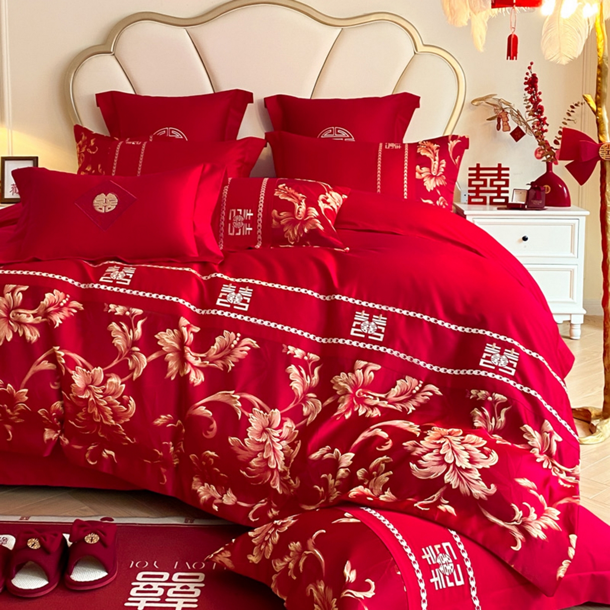 91家纺网 家纺一手货源 找家纺 博纳家纺 2025新款亲肤棉婚庆绣花款四件套 欧式风情