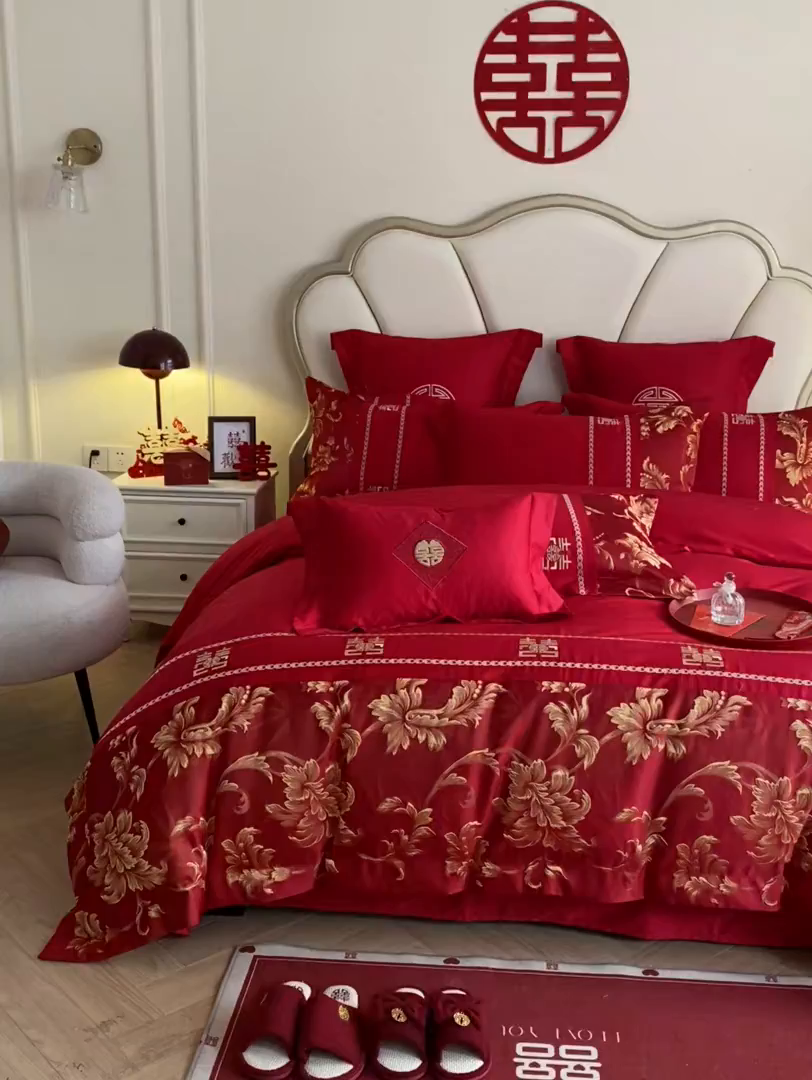 91家纺网 家纺一手货源 找家纺 博纳家纺 2025新款亲肤棉婚庆绣花款四件套 欧式风情