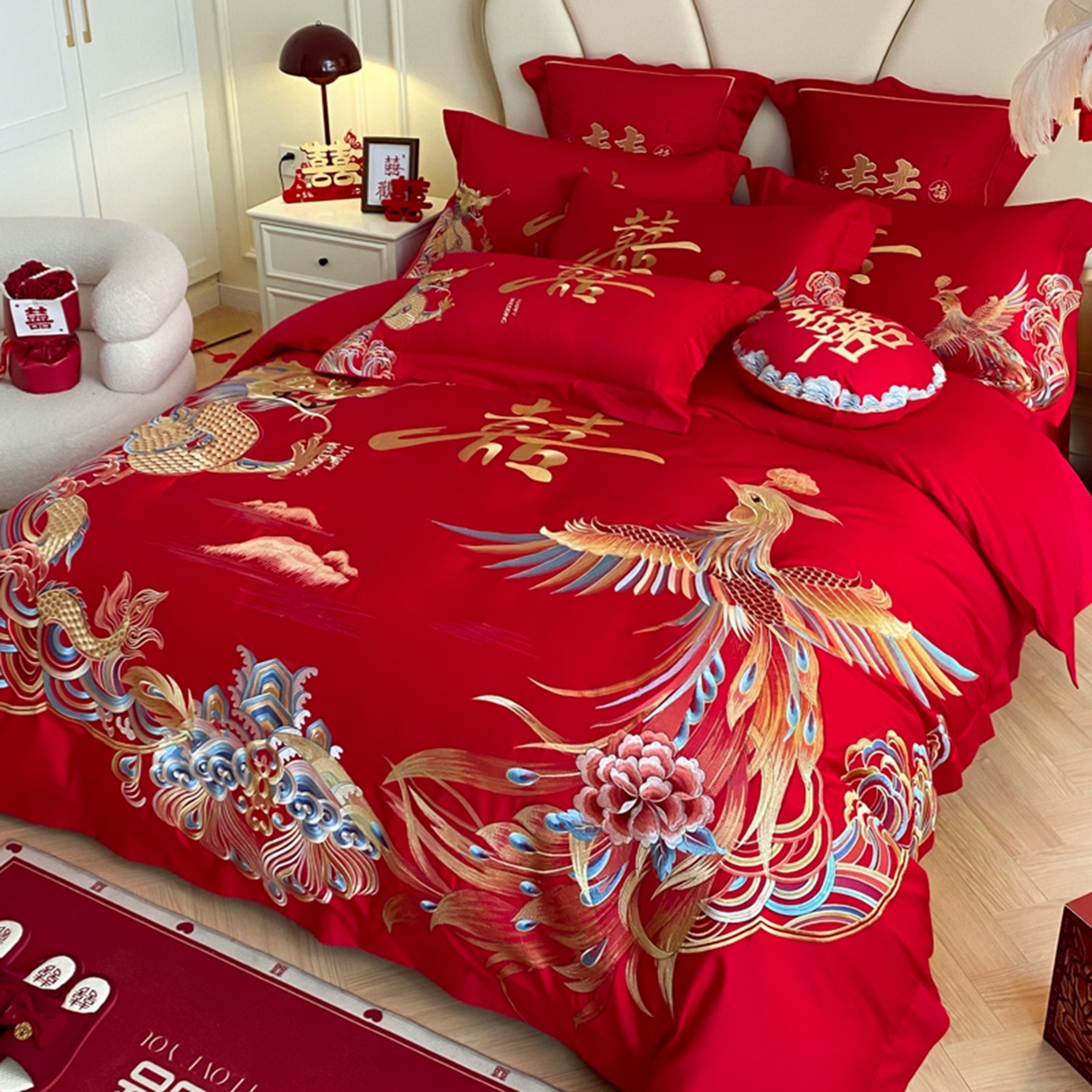 91家纺网 家纺一手货源 找家纺 博纳家纺 2025新款亲肤棉婚庆绣花款四件套 龙凤大喜