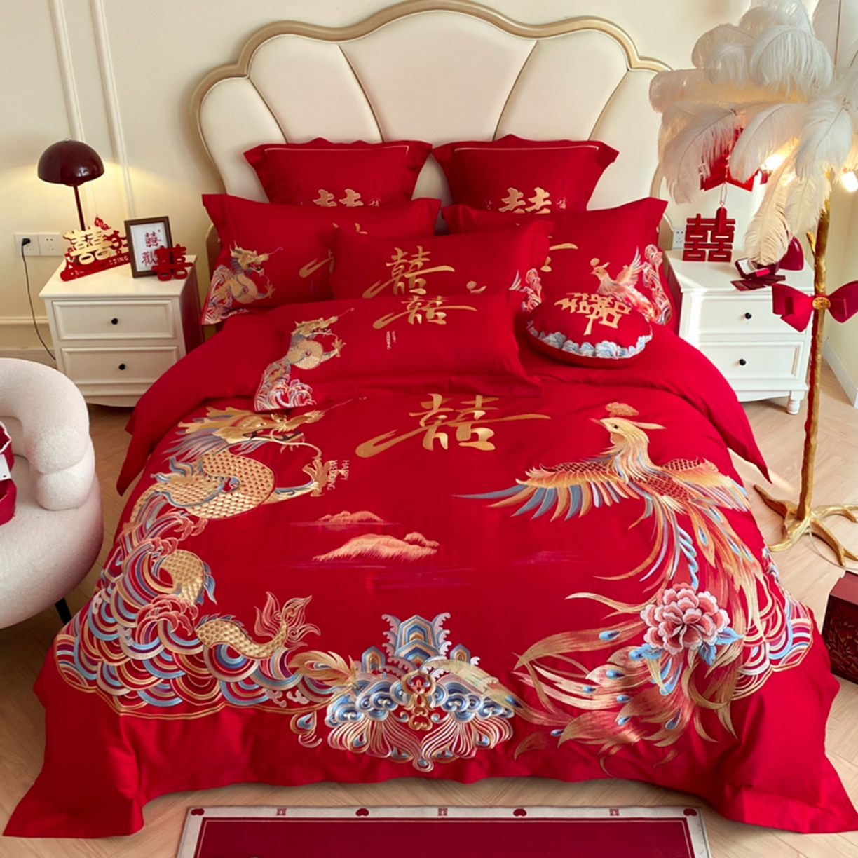 91家纺网 家纺一手货源 找家纺 博纳家纺 2025新款亲肤棉婚庆绣花款四件套 龙凤大喜