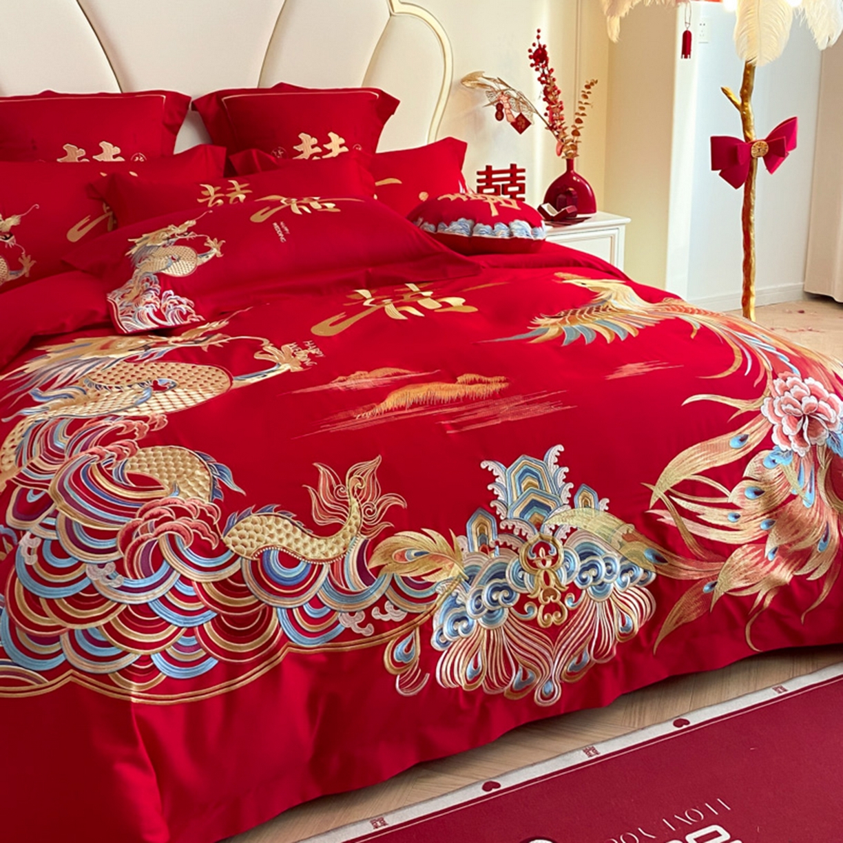 91家纺网 家纺一手货源 找家纺 博纳家纺 2025新款亲肤棉婚庆绣花款四件套 龙凤大喜