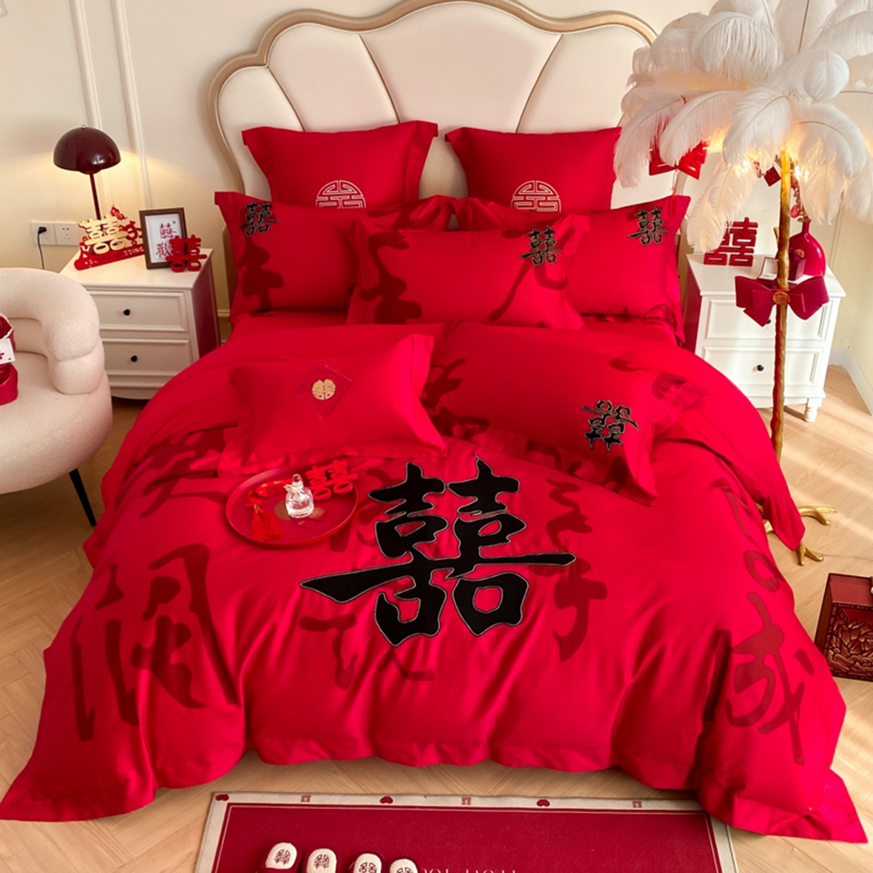 91家纺网 家纺一手货源 找家纺 博纳家纺 2025新款亲肤棉婚庆绣花款四件套 吾家大喜